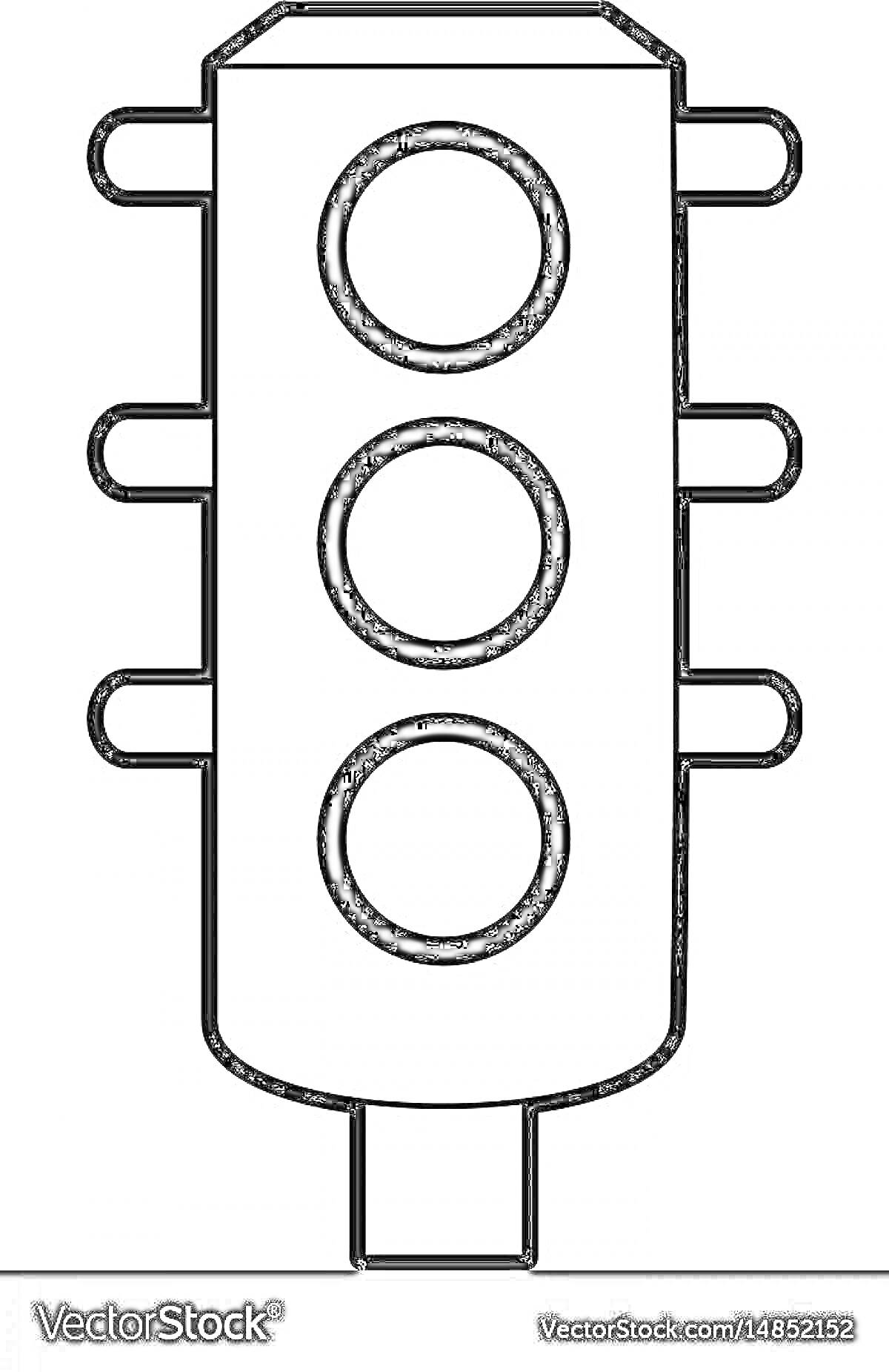 Раскраска светофора с тремя круглыми сигналами и шестью боковыми элементами
