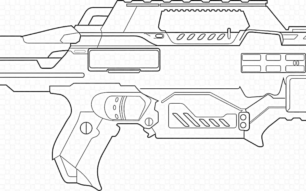 Раскраска Контурное изображение бластера Nerf с различными деталями и элементами дизайна, включая рукоятку, спусковой крючок, магазин и верхнюю направляющую планку