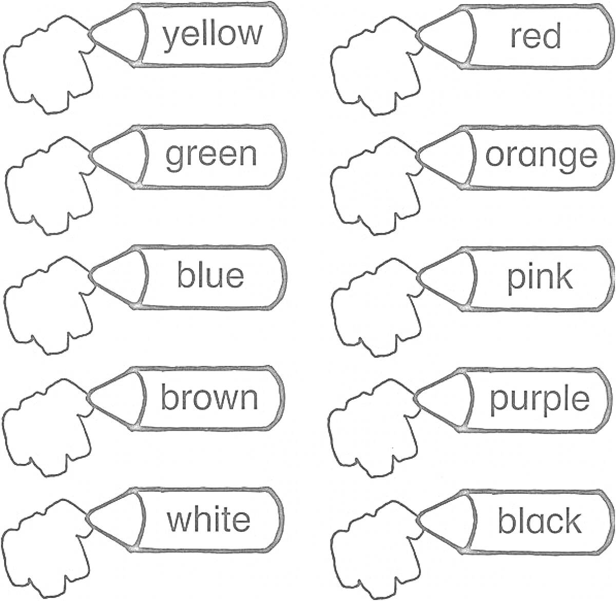 На раскраске изображено: Yellow, Red, Green, Orange, Blue, Purple, Карандаши, Обучение, Для детей, Английский язык