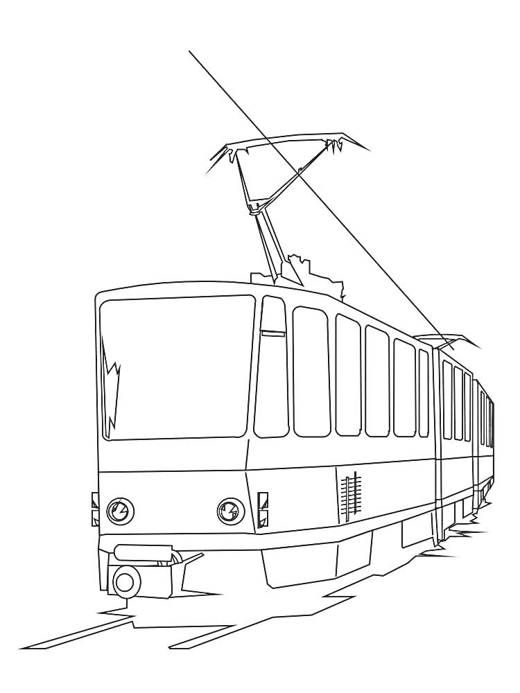 На раскраске изображено: Трамвай, Транспорт, Рельсы, Окна, Линии, Города