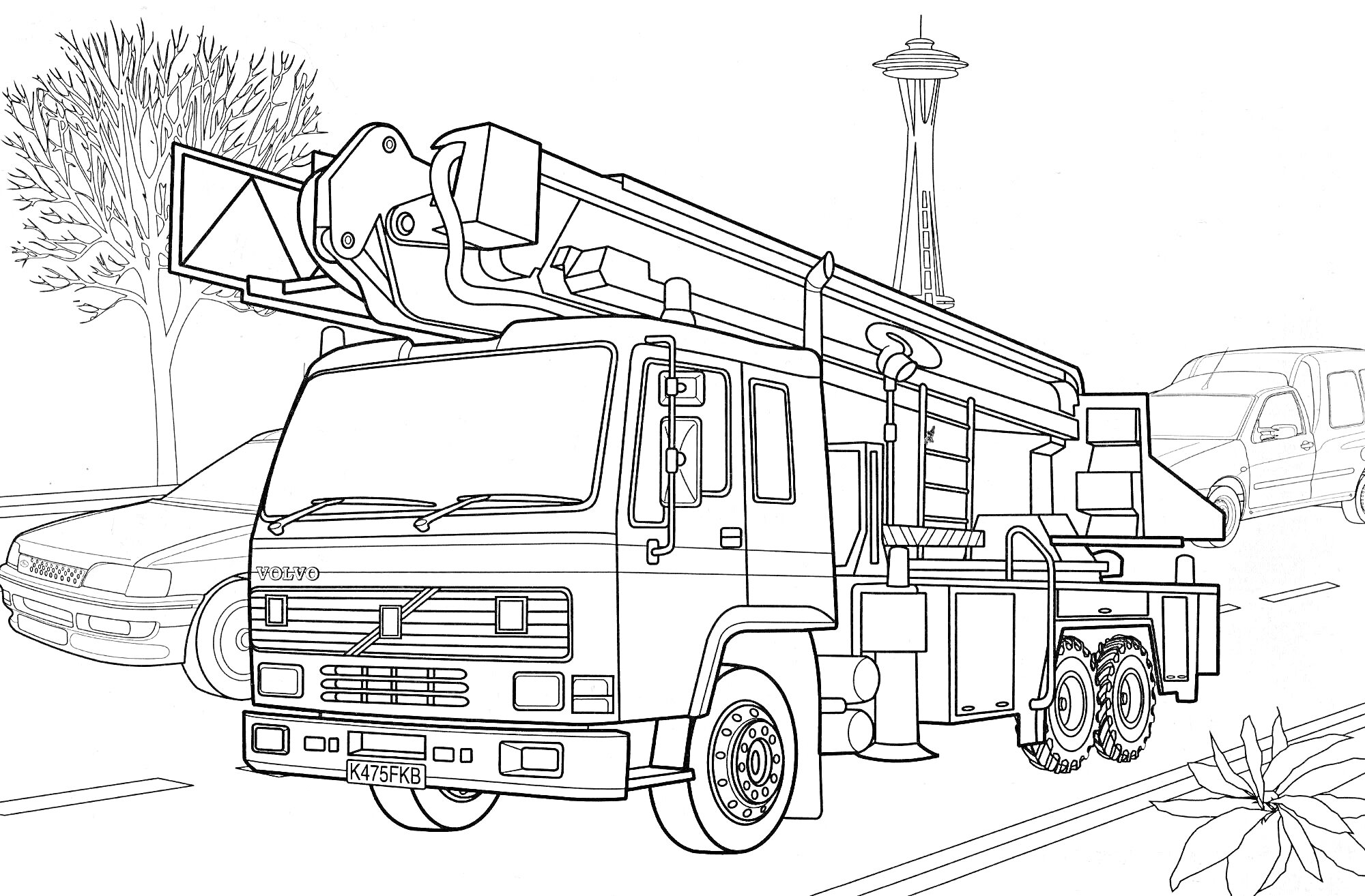 РаскраскаПожарный автомобиль с подъемной лестницей на улице с машинами, деревом и башней на заднем фоне