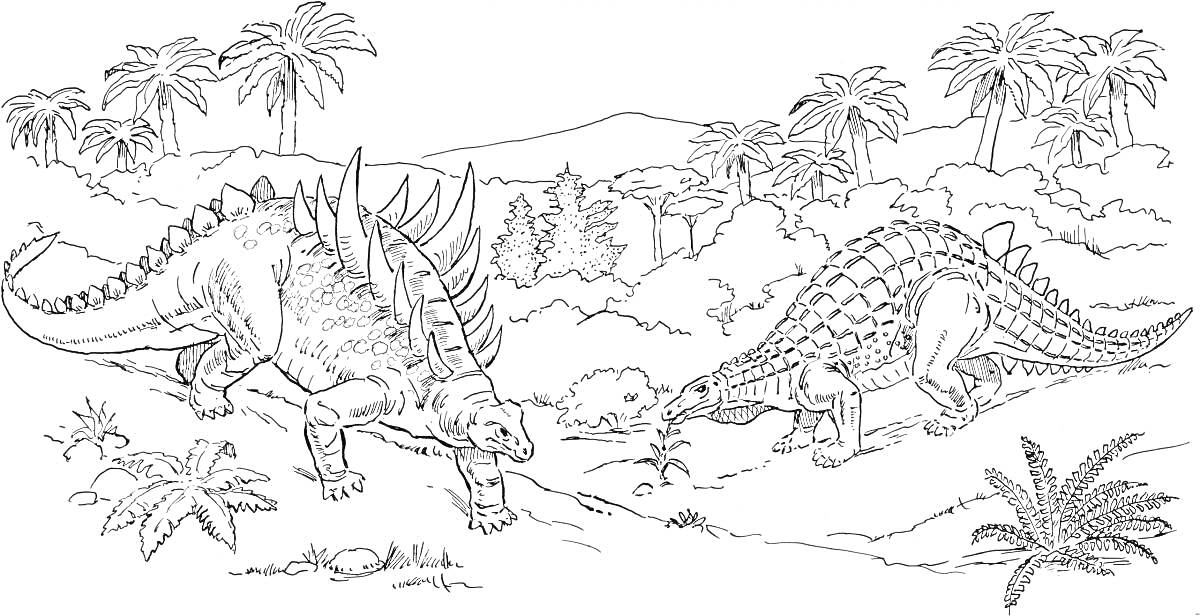 Раскраска два динозавра в доисторическом лесу, деревья, кусты, холмы