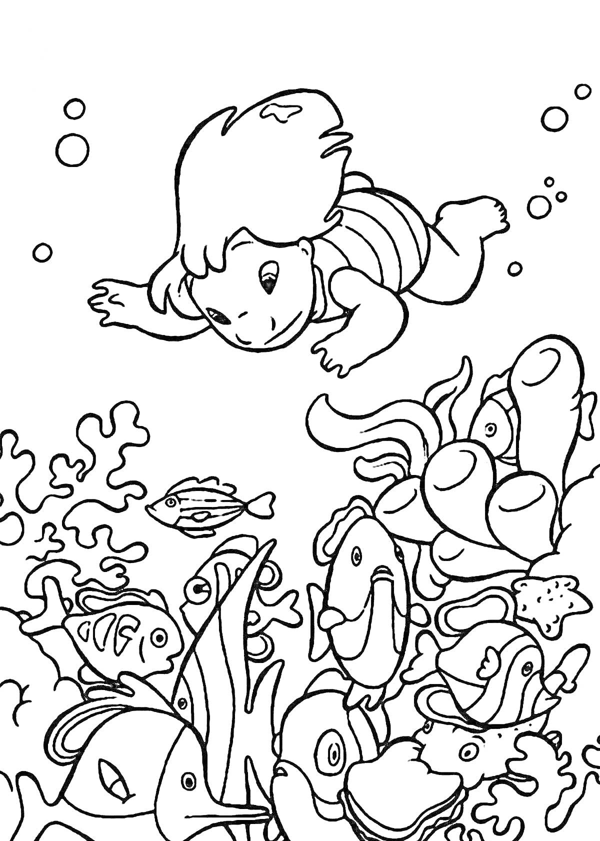На раскраске изображено: Ребёнок, Под водой, Морские животные, Кораллы, Подводный мир, Плавание, Пузыри, Рыба