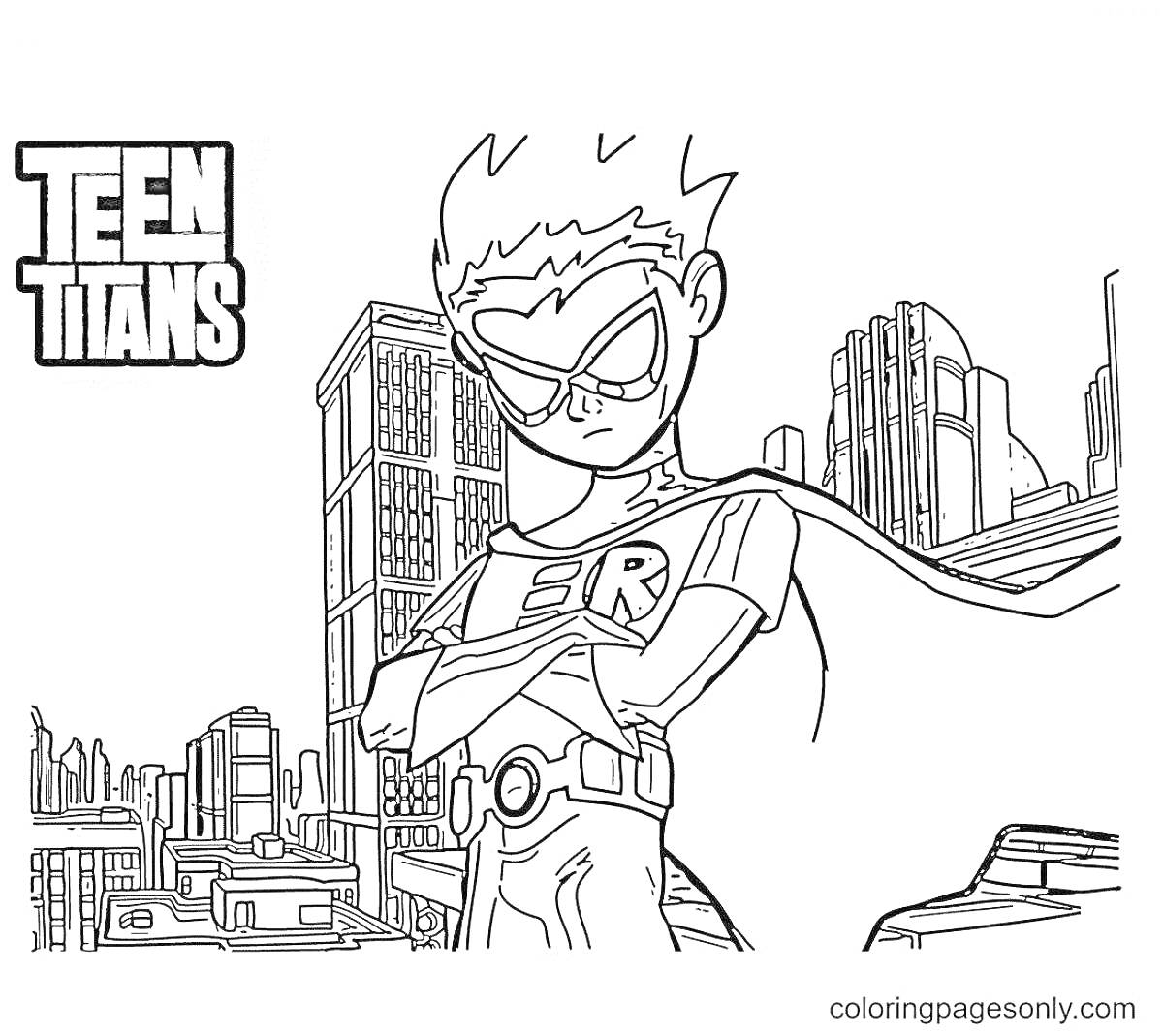 На раскраске изображено: Герой, Комиксы, Маска, Накидка, Высокие здания, Города, Робин Гуд, Супергерои