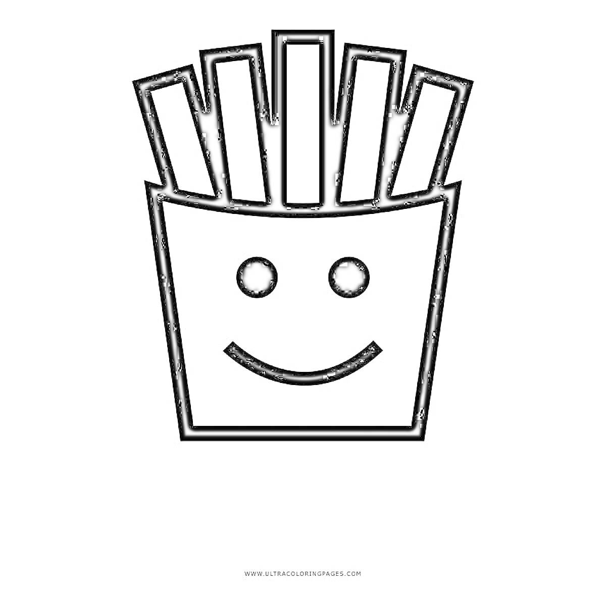 На раскраске изображено: Картофель фри, Коробка, Лицо, Улыбка, Еда