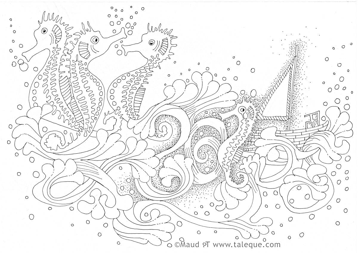 На раскраске изображено: Антистресс, Морские коньки, Волны, Цифра 4