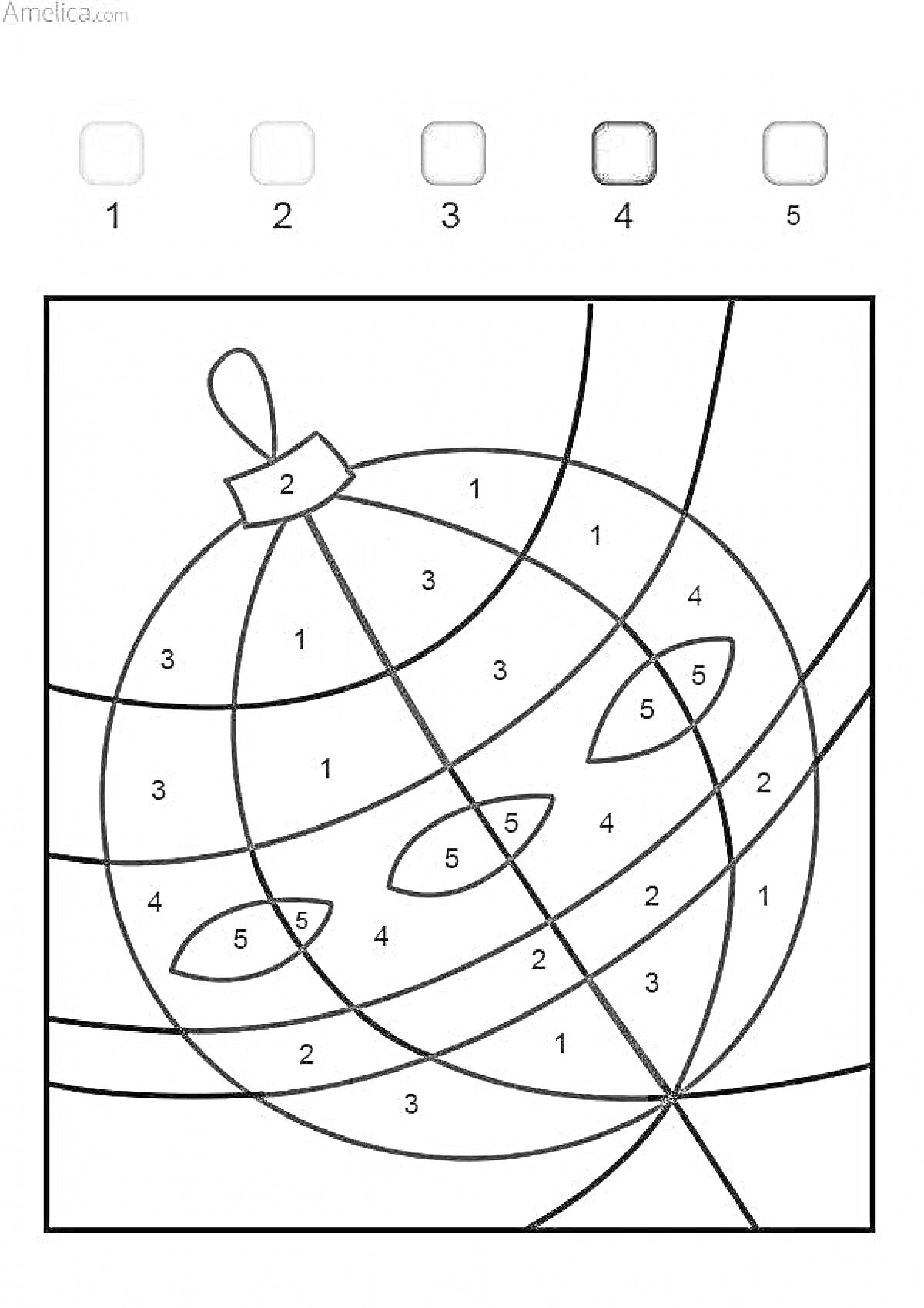 Раскраска Разукрашка по цифрам - новогодний шар с узорами и ленточкой