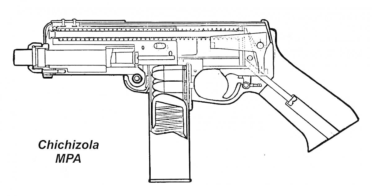 Раскраска Пистолет-пулемет MAC-10 с верхним планом и нескладывающимся прикладом