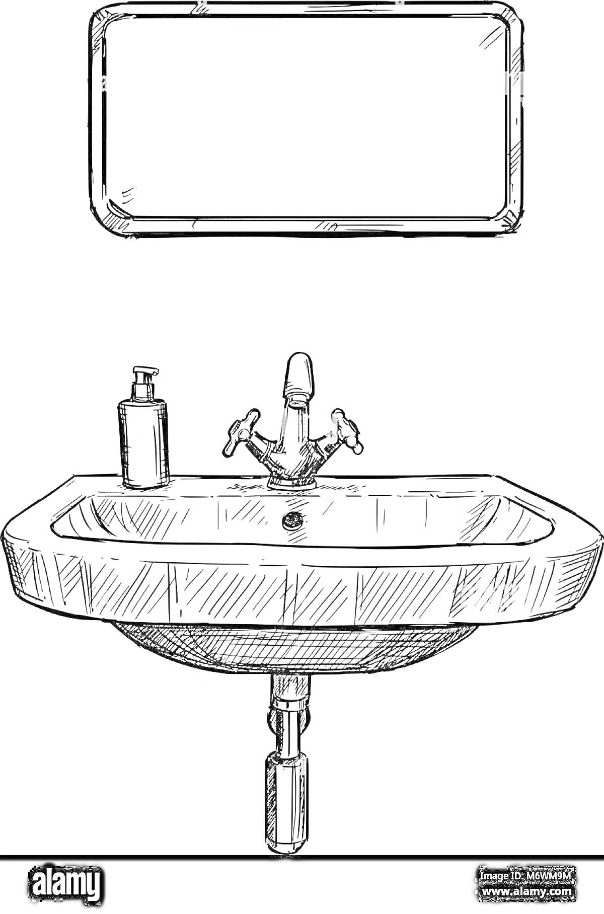 Раскраска Умывальник с краном, мылом и зеркалом