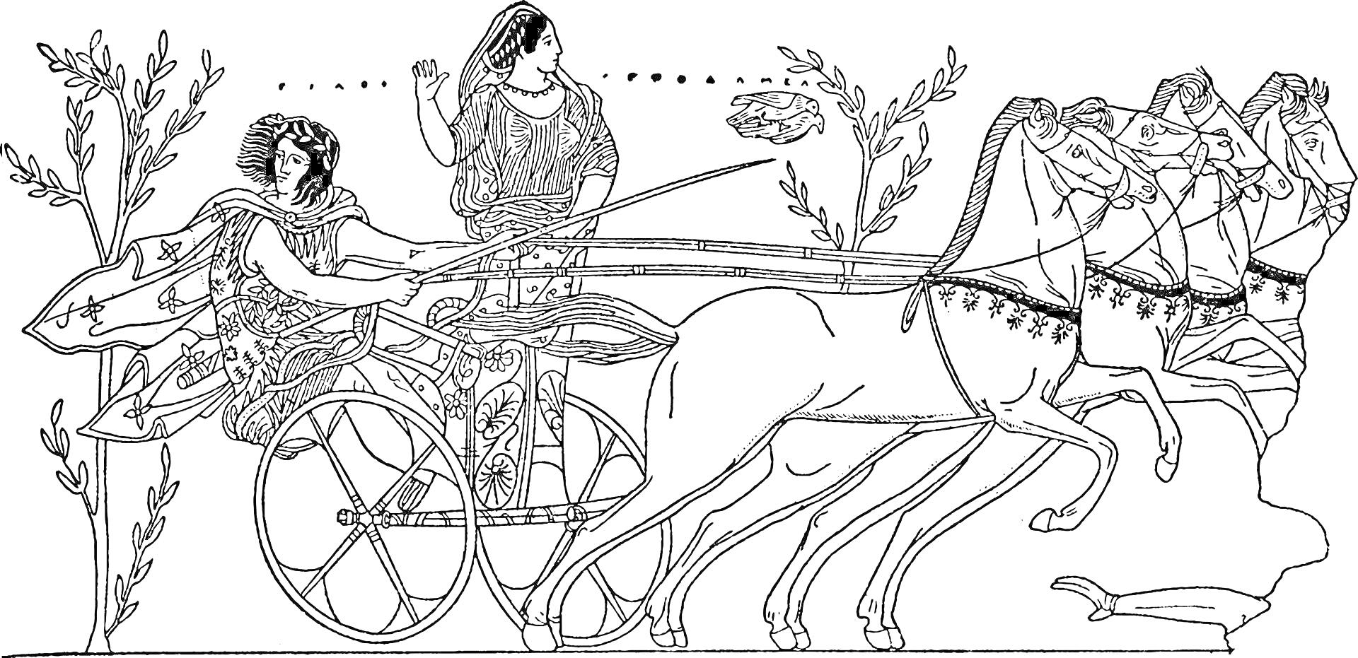 Раскраска Сцена состязаний на колесницах в Древней Греции, двое людей на колеснице, запряженной тремя лошадьми, с растительностью на заднем плане