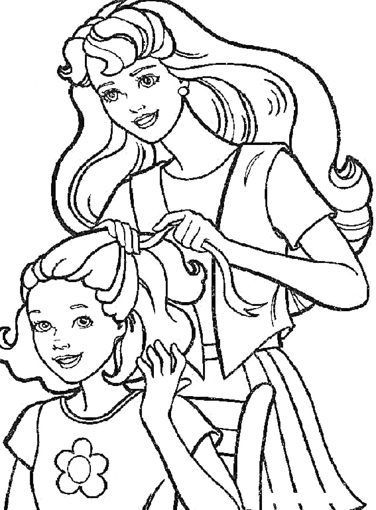 Раскраска Женщина заплетает волосы девочке, обе улыбаются, длинные волосы, цветок на платье девочки, кресло