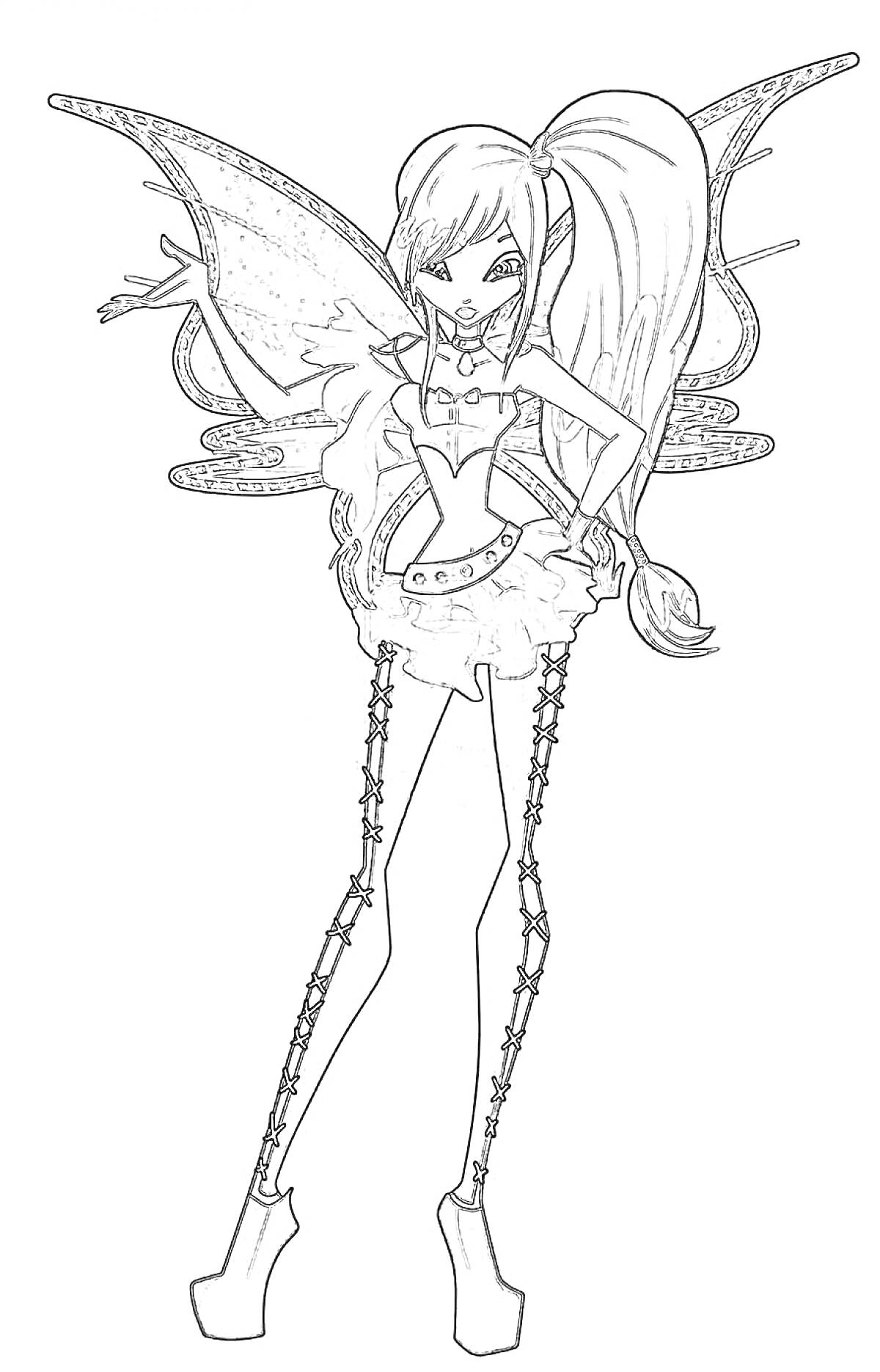 Раскраска Фея из Винкс с крыльями Блумикс, длинные волосы, платье с оборками, чулки с кирпичным узором, туфли на платформе
