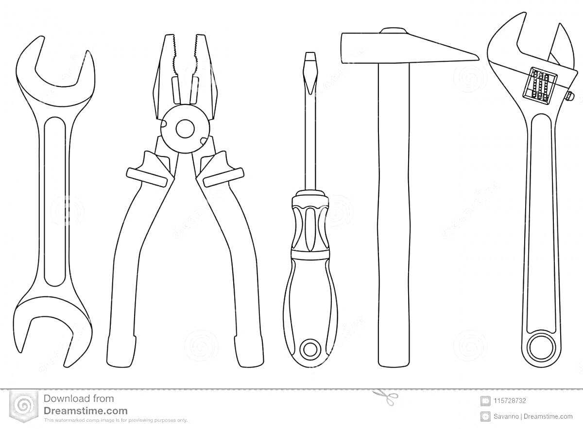 Раскраска Гаечный ключ, плоскогубцы, отвертка, молоток и разводной ключ для детей