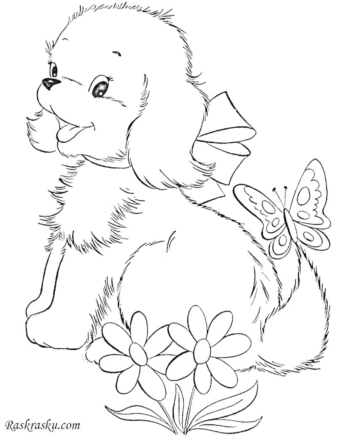 На раскраске изображено: Собака, Бабочка, Цветы, 7 лет, 8 лет, Милый щенок, Животные, Природа