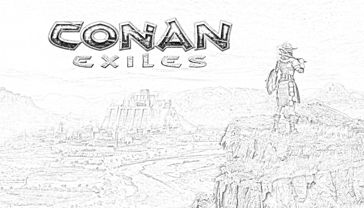 Раскраска Далёкий замок, воин в шлеме на скале, логотип Conan Exiles