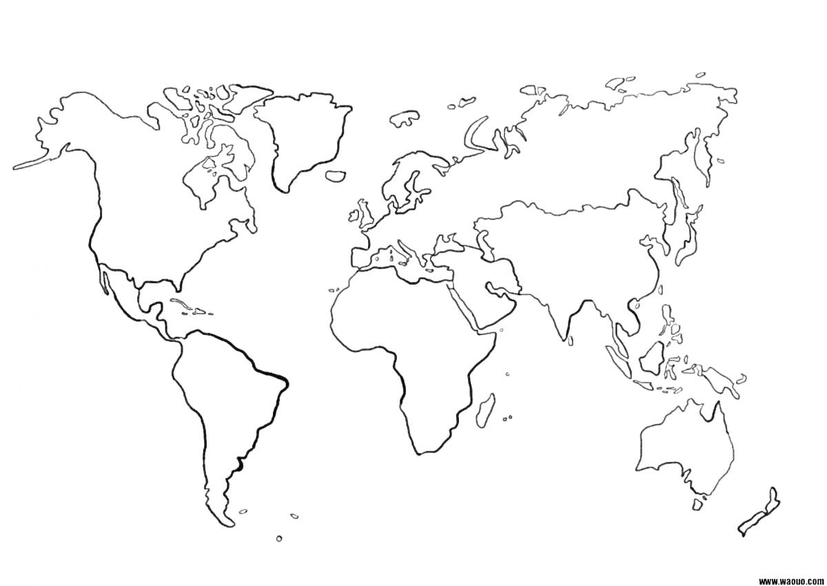 Раскраска контурная карта мира с показанными границами континентов и материков