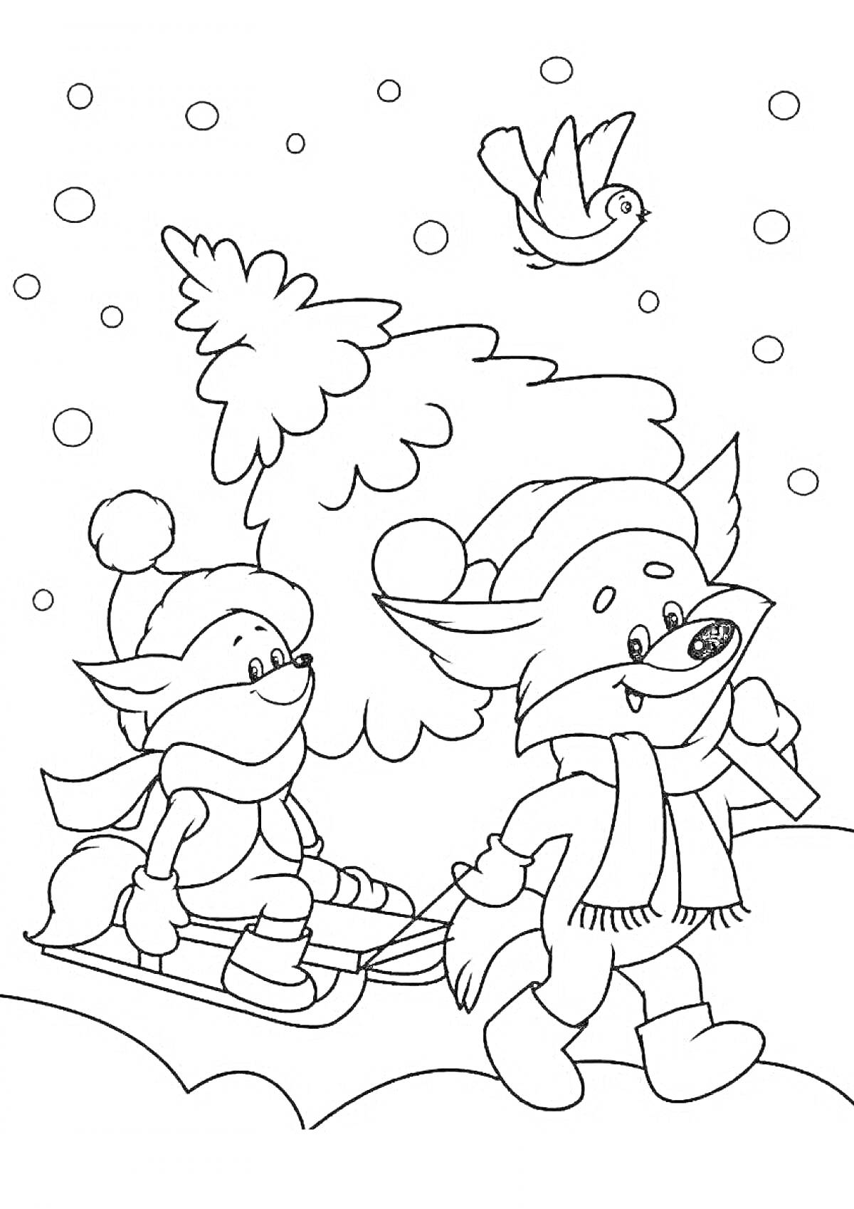 На раскраске изображено: Лисы, Зима, Детские, Снег, Снегопад