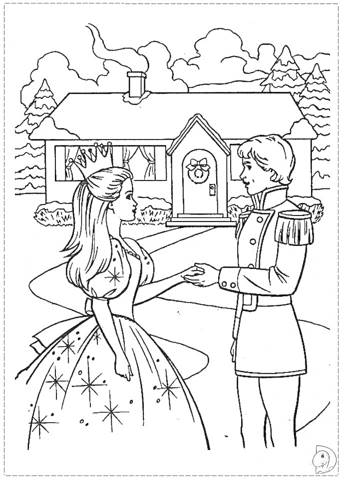 Раскраска Принц и принцесса перед домом в зимнем лесу