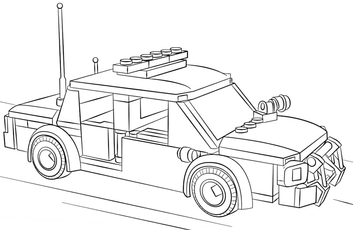 Раскраска Лего Сити автомобиль с антеннами и фарами