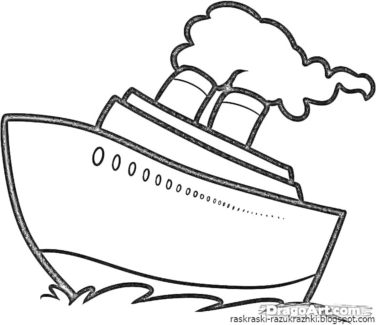 На раскраске изображено: Волны, Дым, Морской транспорт, Труба, Корабль