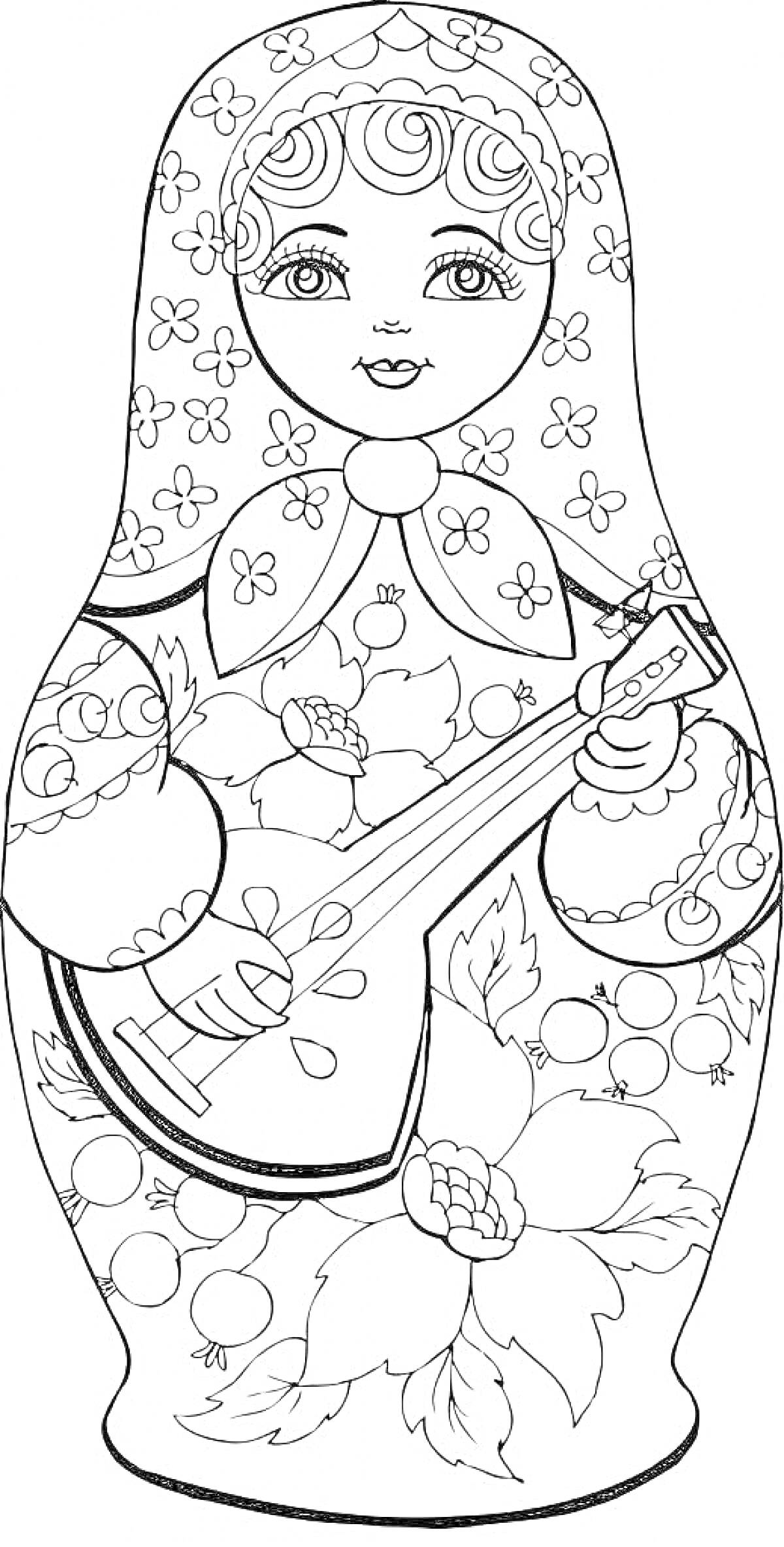 Раскраска Матрешка с цветочным узором и балалайкой