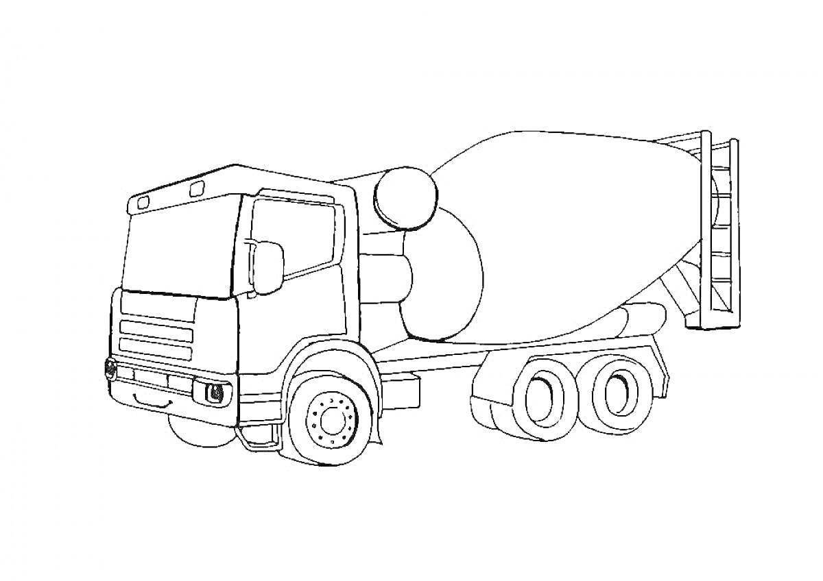 Раскраска Бетономешалка - грузовик, барабан для цемента, кабина, шасси, колеса
