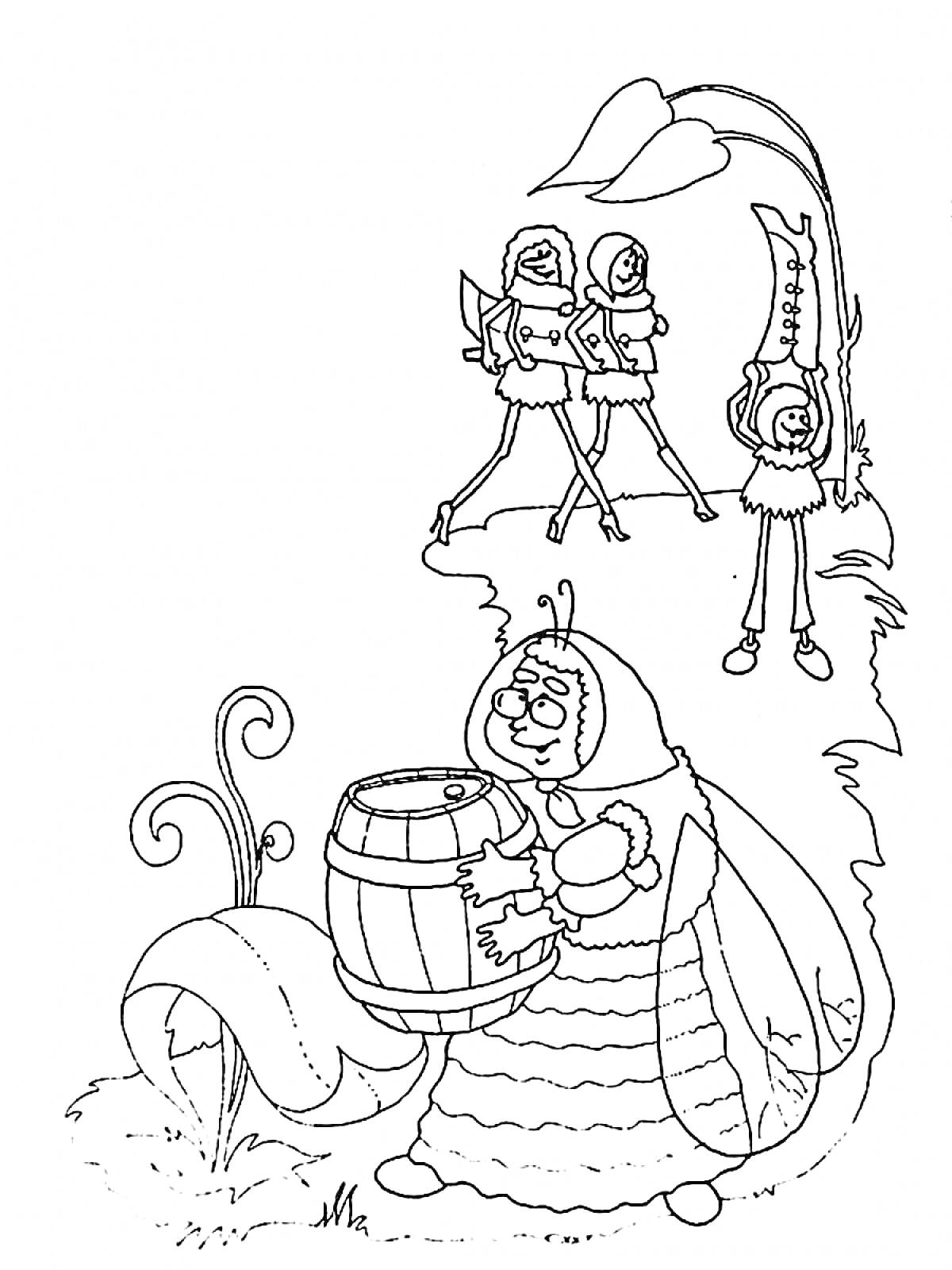 Муха-Цокотуха с самоваром, три встречающих стрекозы, высокое растение