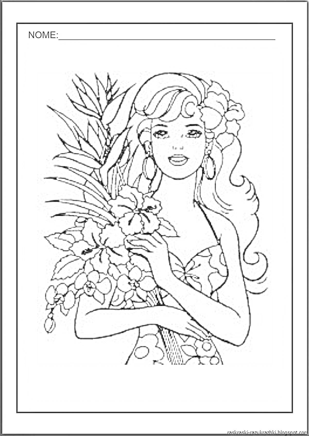 Раскраска Девушка с цветами в волосах и букетом тропических цветов