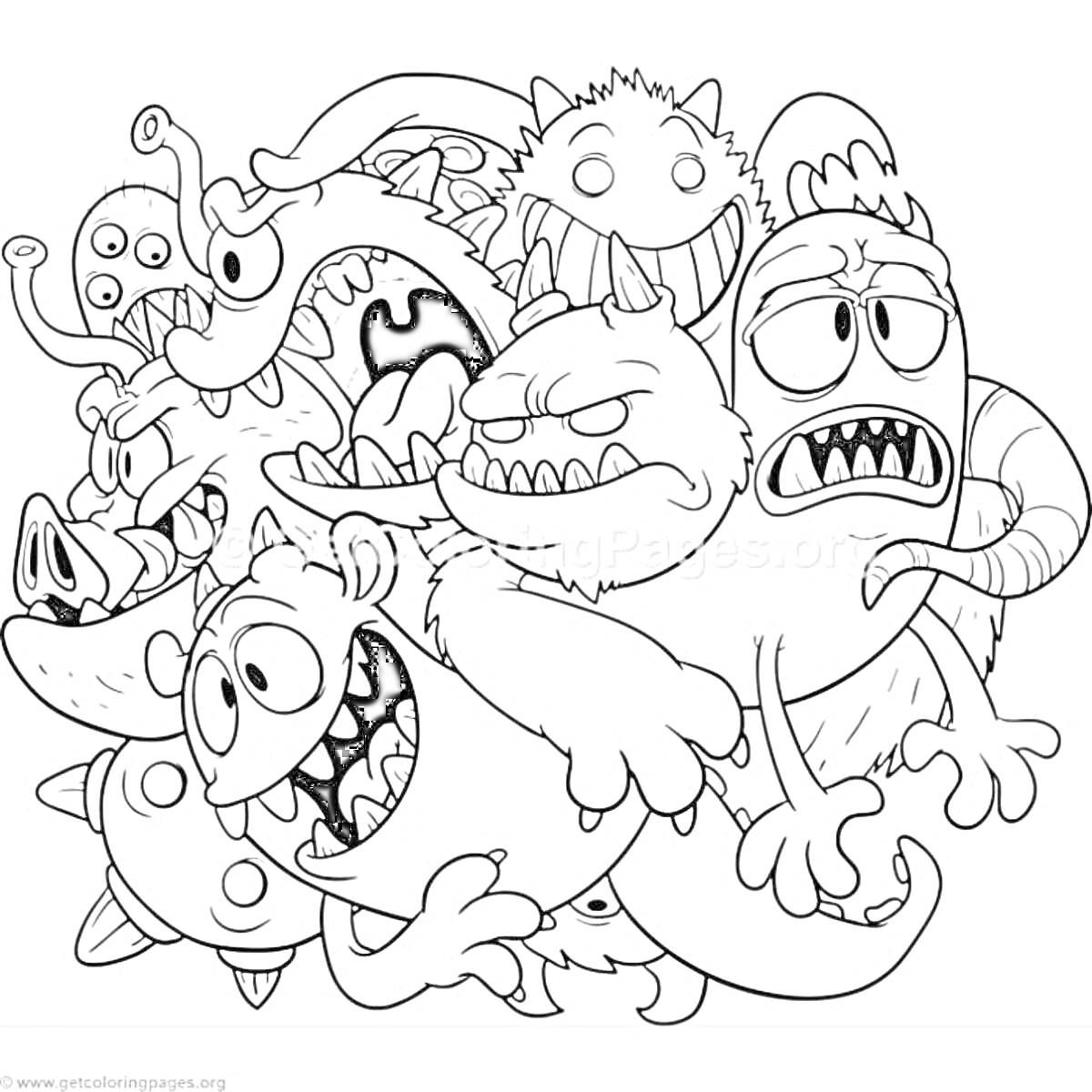 Раскраска Группа смешных монстров с разными выражениями лиц и эмоциями