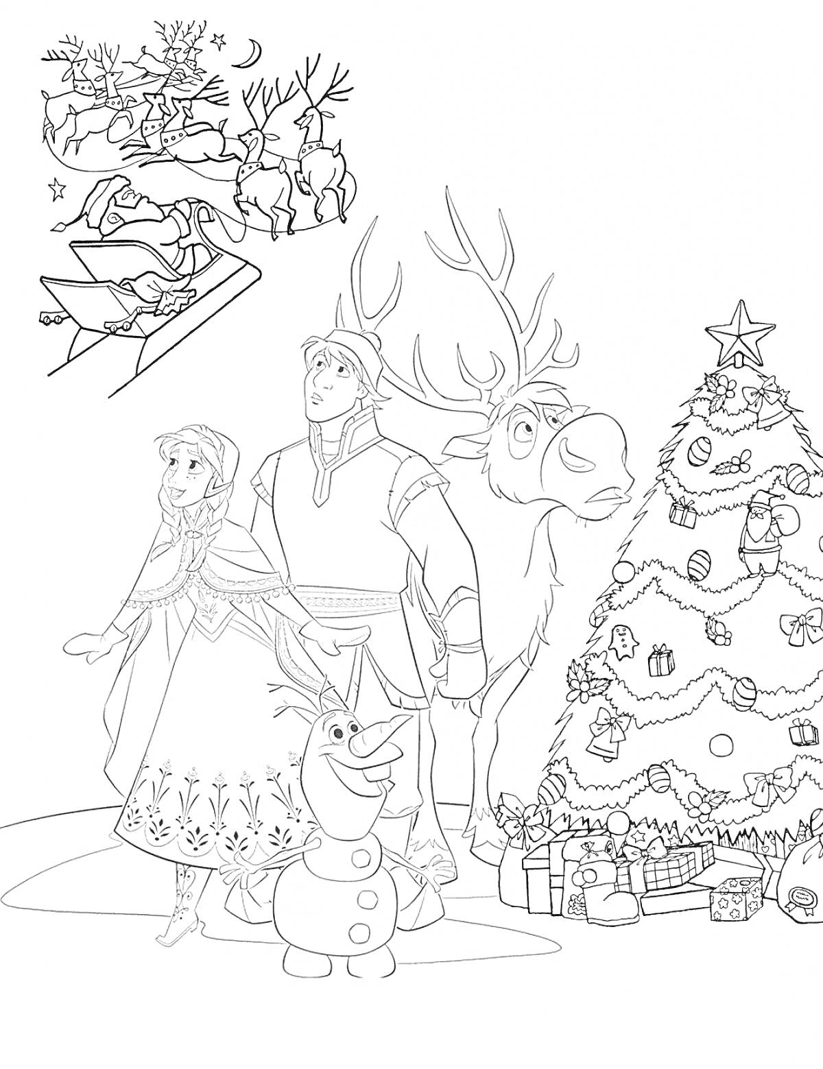 Раскраска Новогодняя сцена с персонажами 