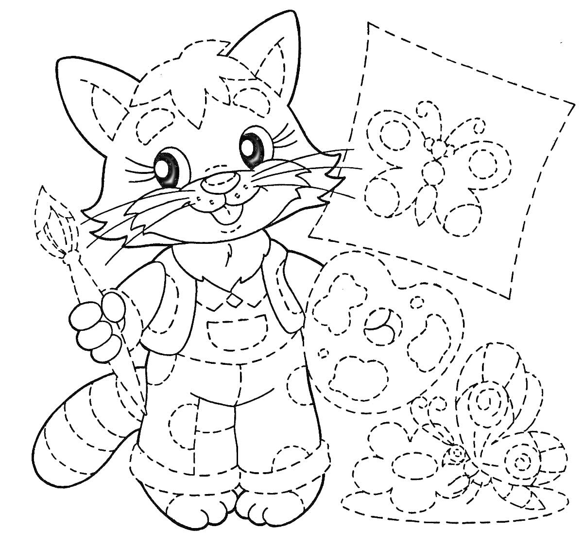 Раскраска Котёнок-художник с кисточкой, палитрой и рисунком бабочки