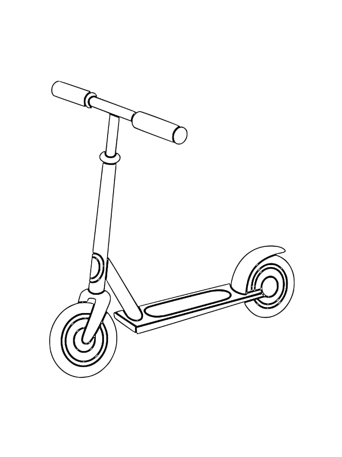 Раскраска Самокат с двумя колесами, рулем и платформой для ног