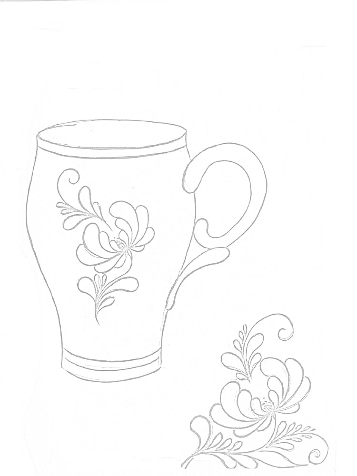 Раскраска Чашка с цветочным орнаментом в стиле Гжель, отдельно цветочный узор