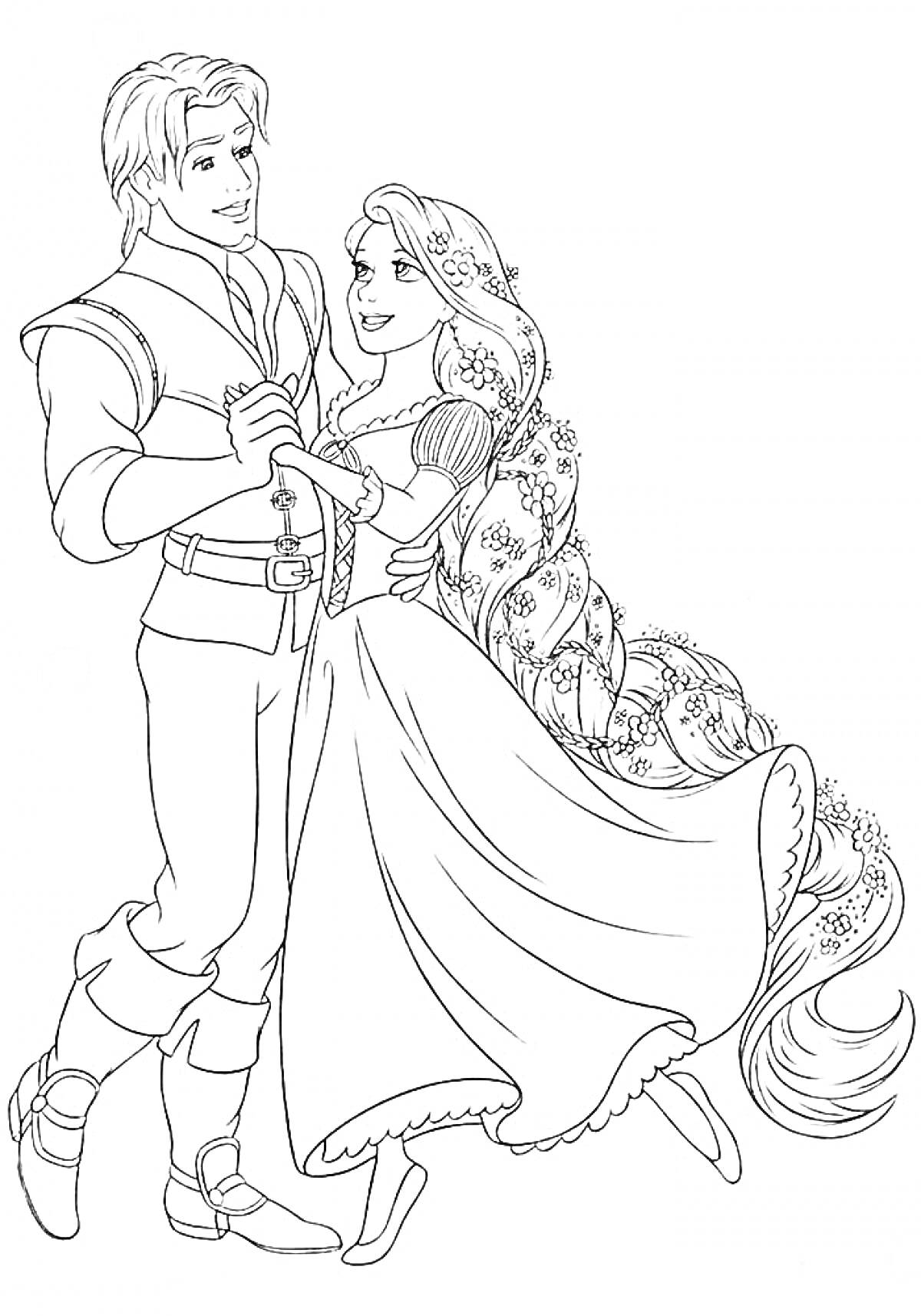 Раскраска Принцесса с длинными волосами и принц, танцующие в танце