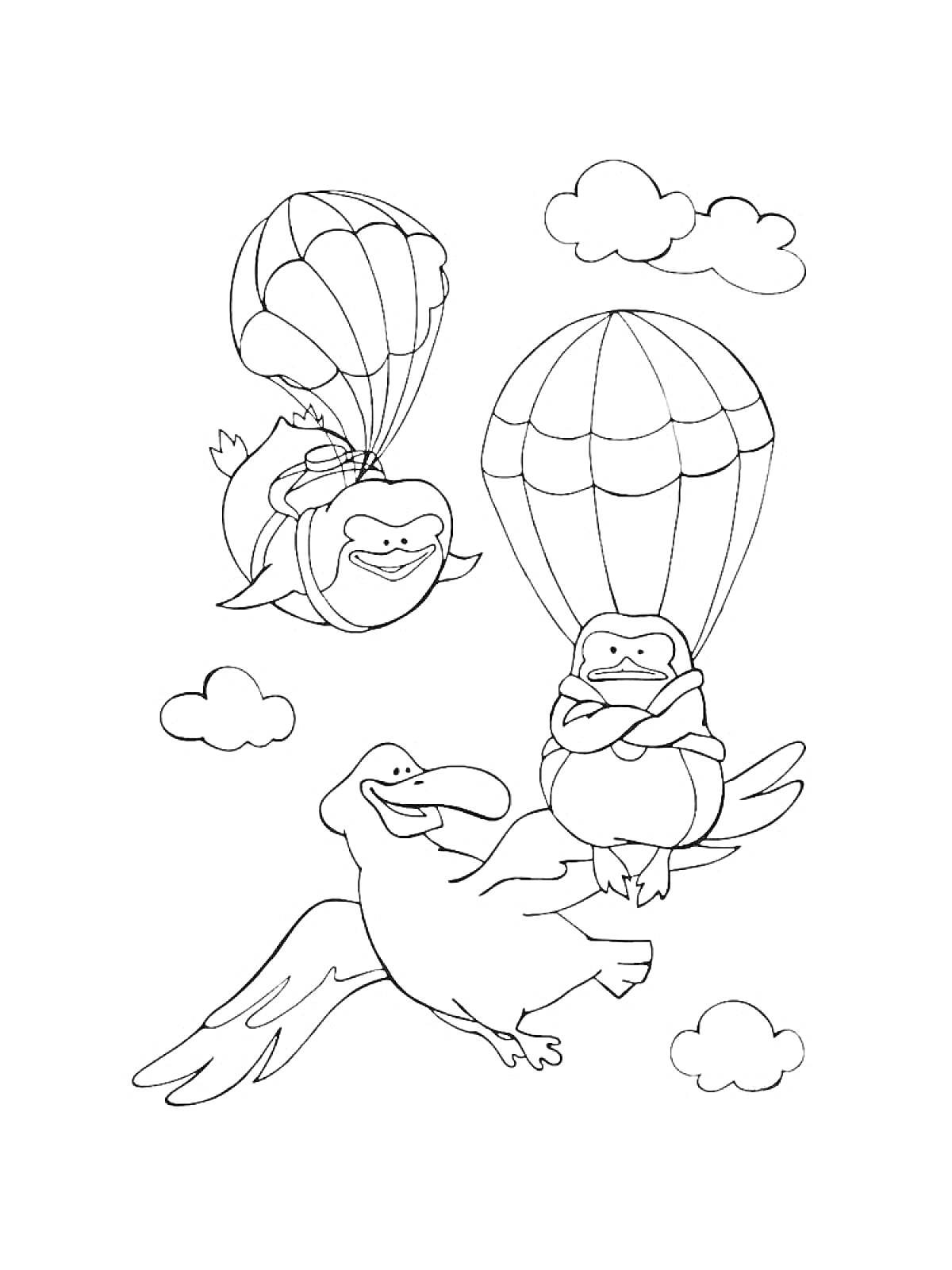 Два катящихся зверька с парашютами и птица, летящая среди облаков