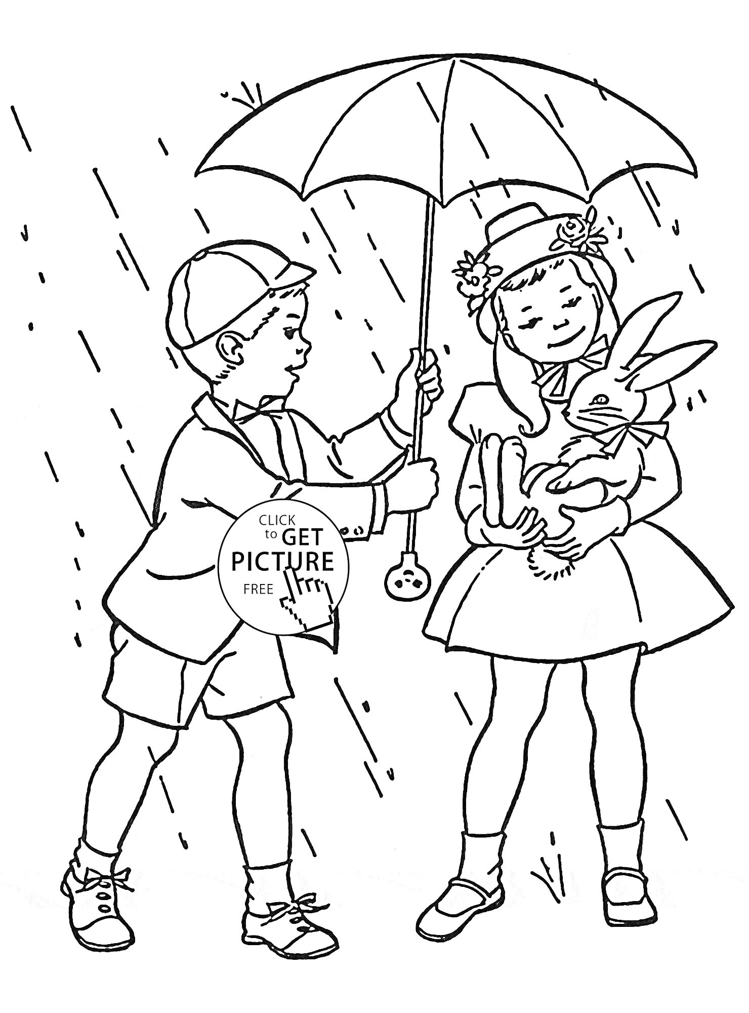 На раскраске изображено: Прогулка, Зонт, Дождь, Кролик, Мальчик, Девочка