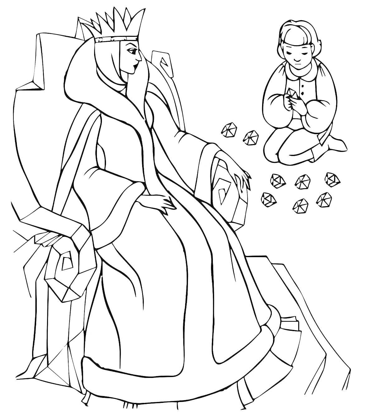 Раскраска Снежная королева на троне с мальчиком, собирающим ледяные кристаллы