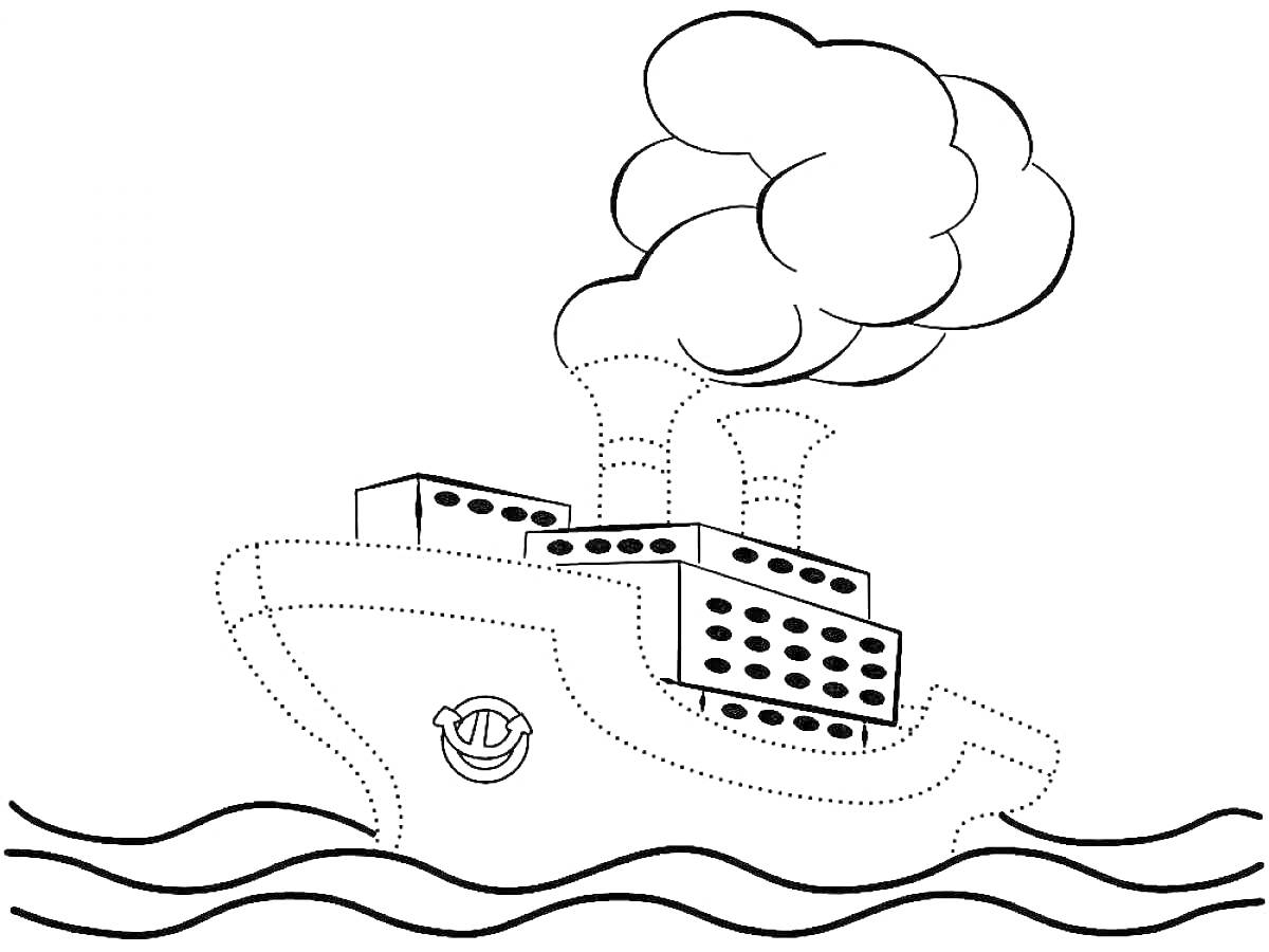 На раскраске изображено: Пароход, Трубка, Пар, Волны, Вода, Судно, Корабль, Плавание
