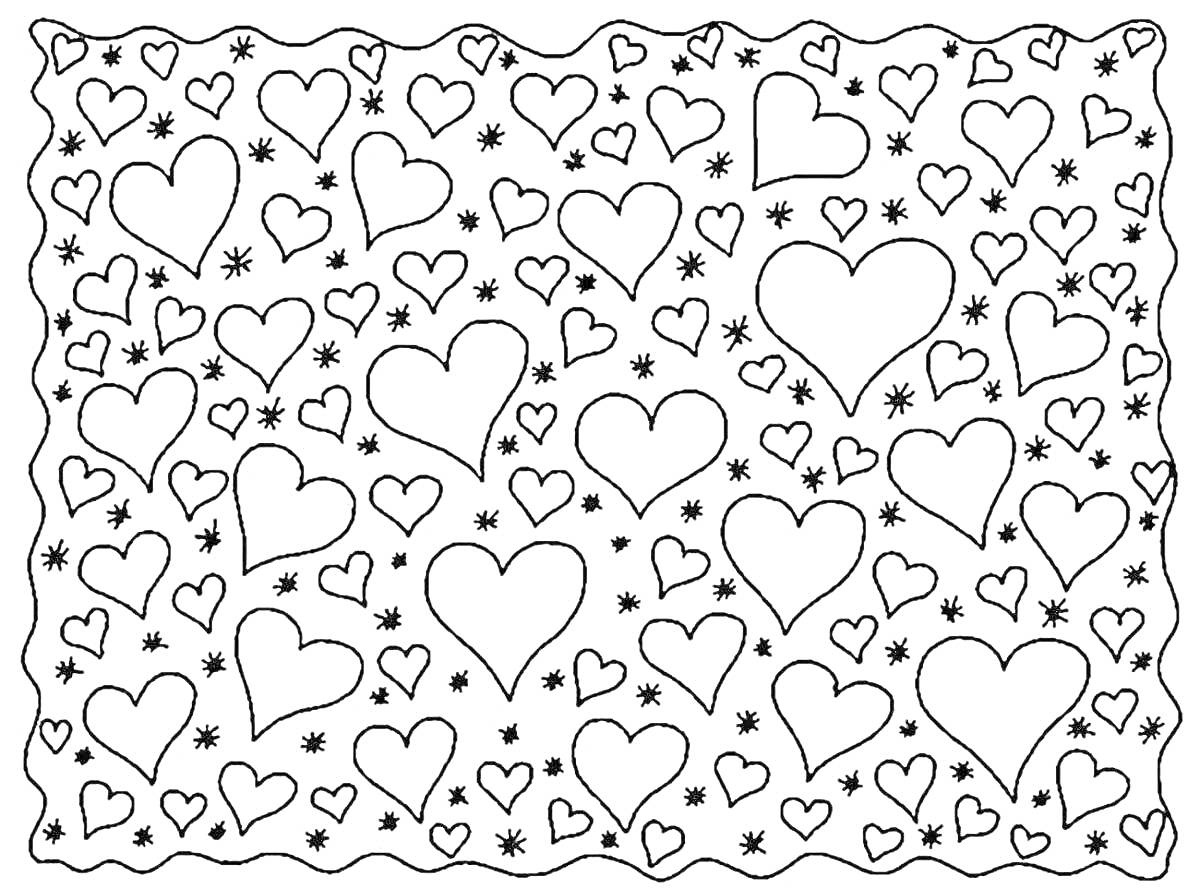 Раскраска Сердечки разных размеров и звездочки на фоне с волнистой рамкой