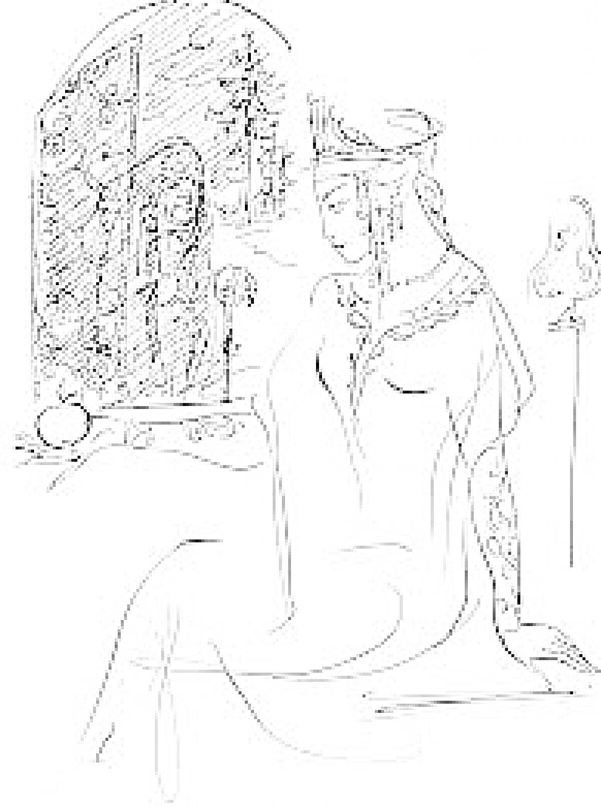 Прекрасная царевна с зеркалом, яблоком и свечой на фоне лесного окна с изображением ведьмы