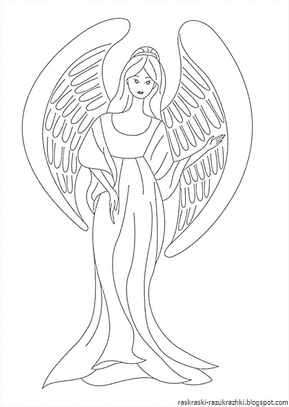 Раскраска Ангел с длинными распущенными волосами и крыльями в длинном платье