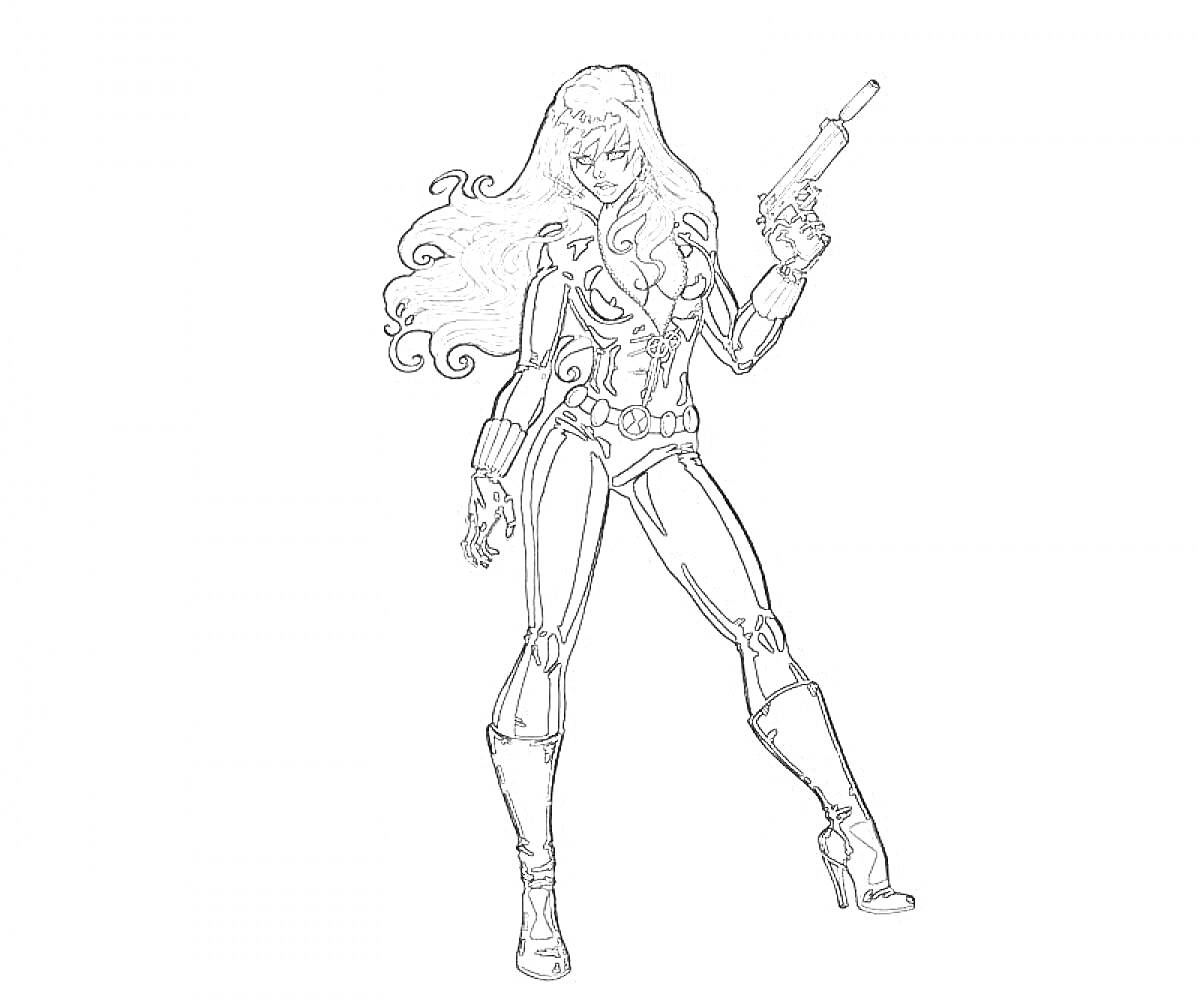 На раскраске изображено: Женский персонаж, Боевой костюм, Пистолет, Длинные волосы, Комиксы