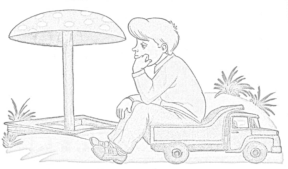 Раскраска Мальчик сидящий на грузовике под грибом