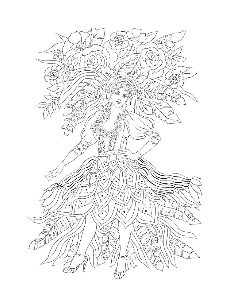 Раскраска Женщина на карнавале с цветочным головным убором и пышным платьем