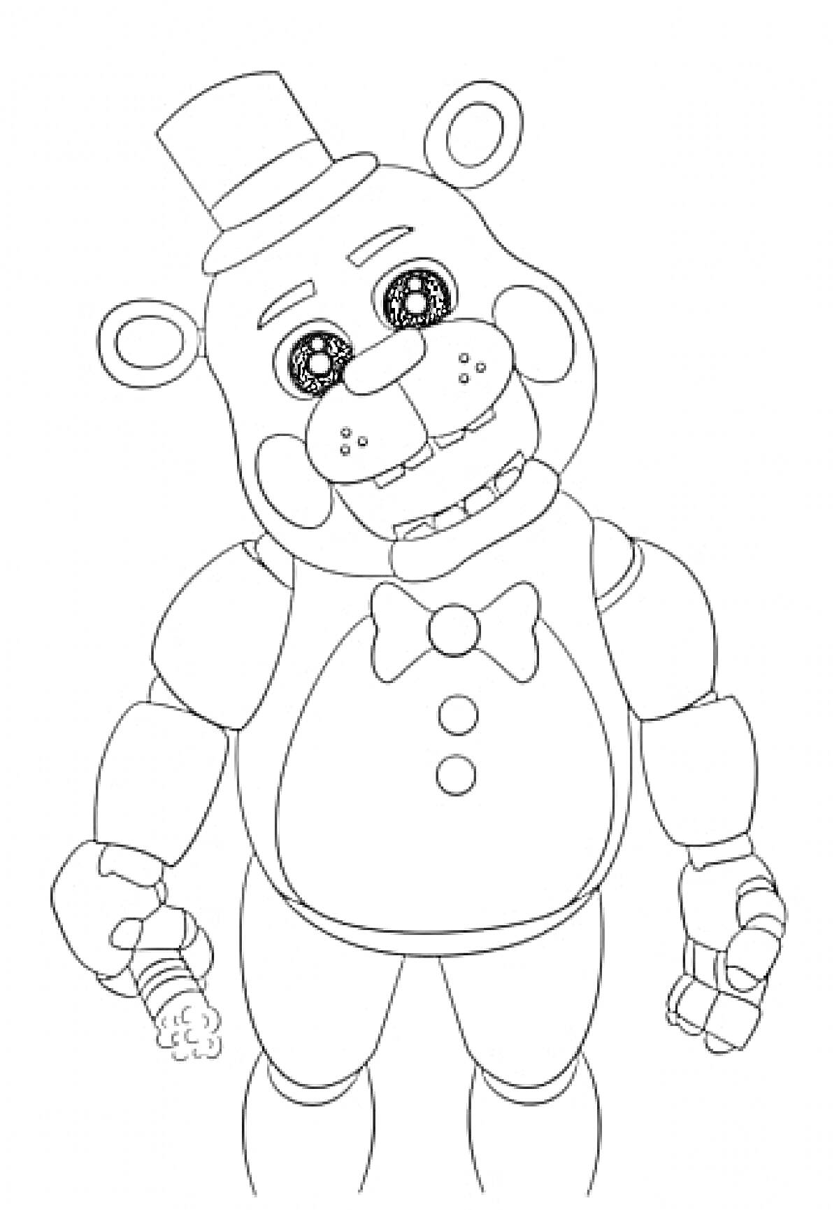 Аниматроник-медведь с галстуком-бабочкой и шляпой, держащий микрофон