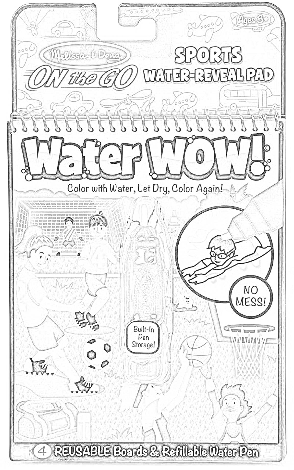 Water WOW! Sports Water-Reveal Pad от Melissa & Doug (с элементами: дети играют в футбол, ребенок кидает баскетбольный мяч в корзину, мальчик играет в теннис, и другие спортивные сцены)