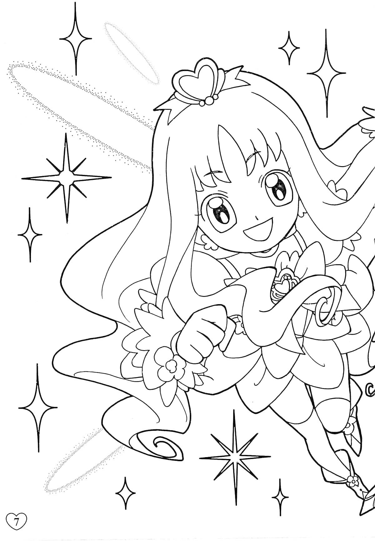 Раскраска Девочка из Precure с длинными волосами, в костюме с цветочными элементами, и сердечком на голове, на фоне звёзд