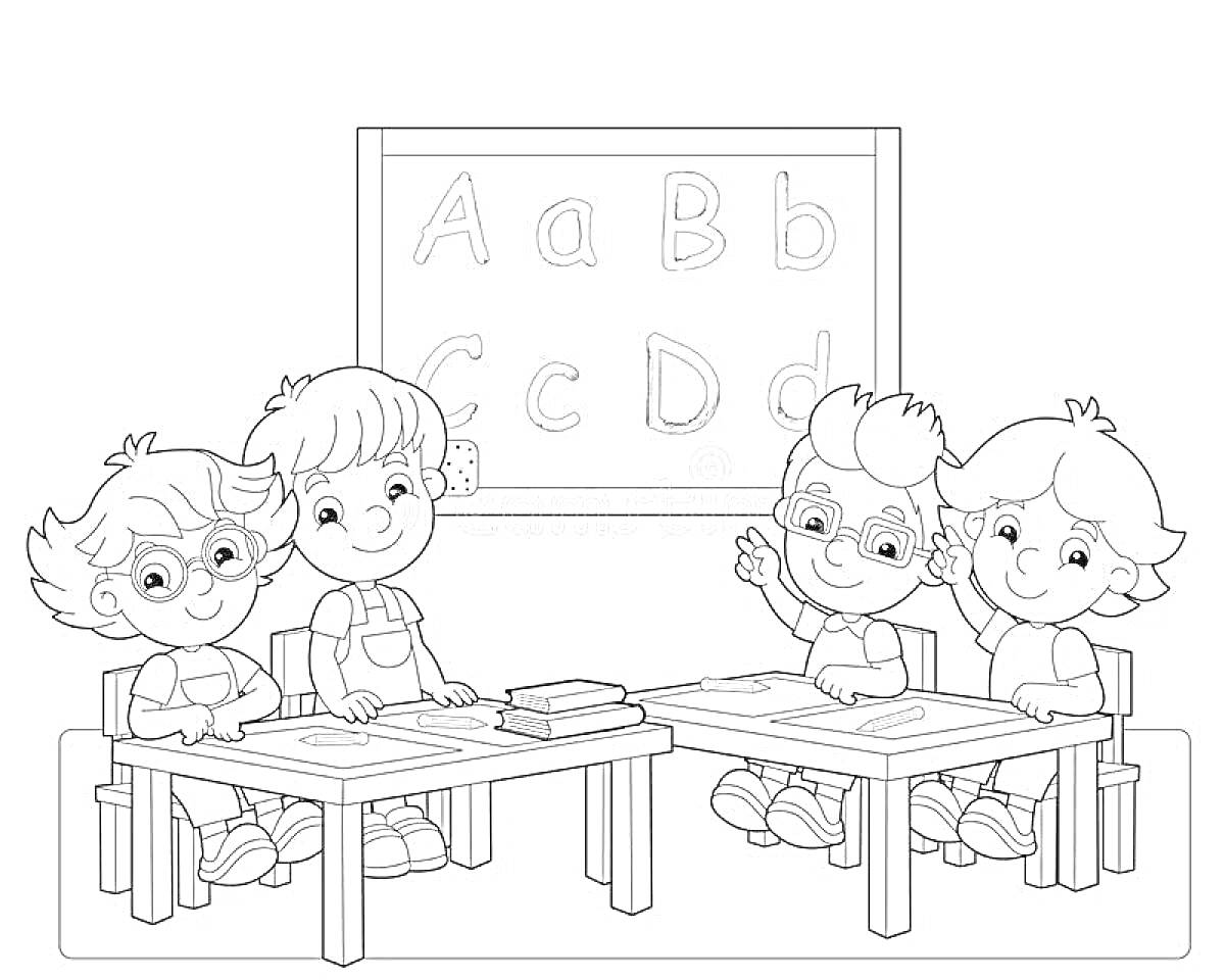Раскраска Дети за партами в классе с алфавитом на доске