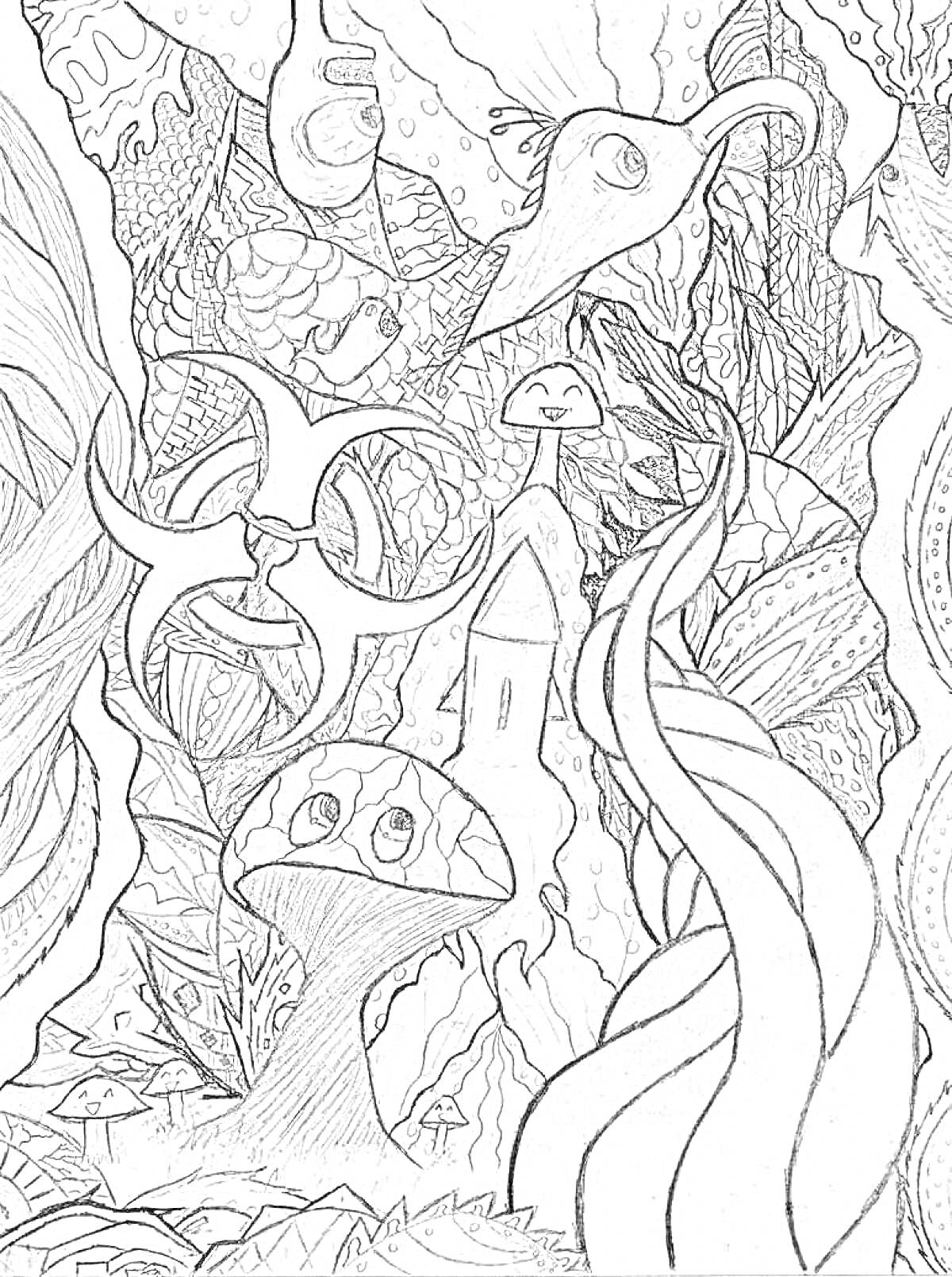 Раскраска Психоделическая сцена с грибами, замком, химическим символом и абстрактными формами