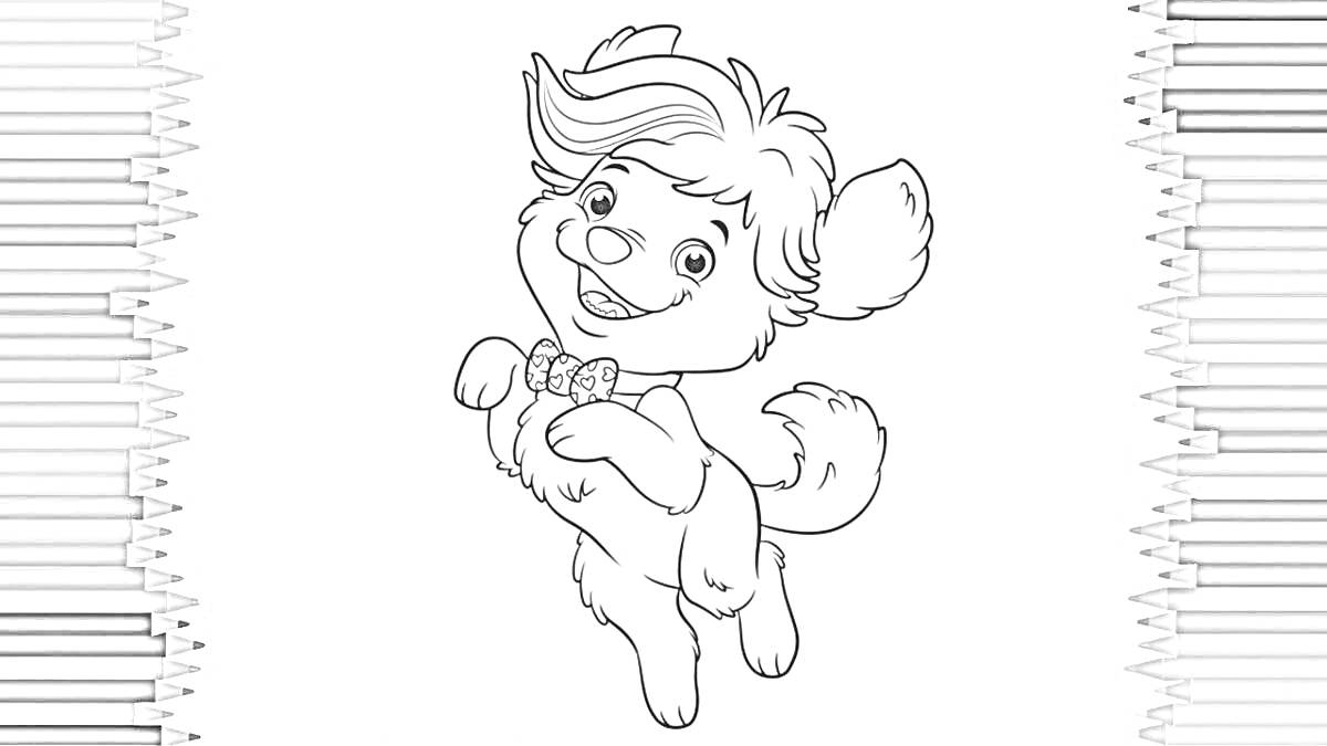 На раскраске изображено: Собака, Карандаши, Творчество, Из мультфильмов, Бант